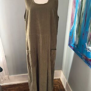 Vtg flax womens long corduroy pockets dress jumper L olive green